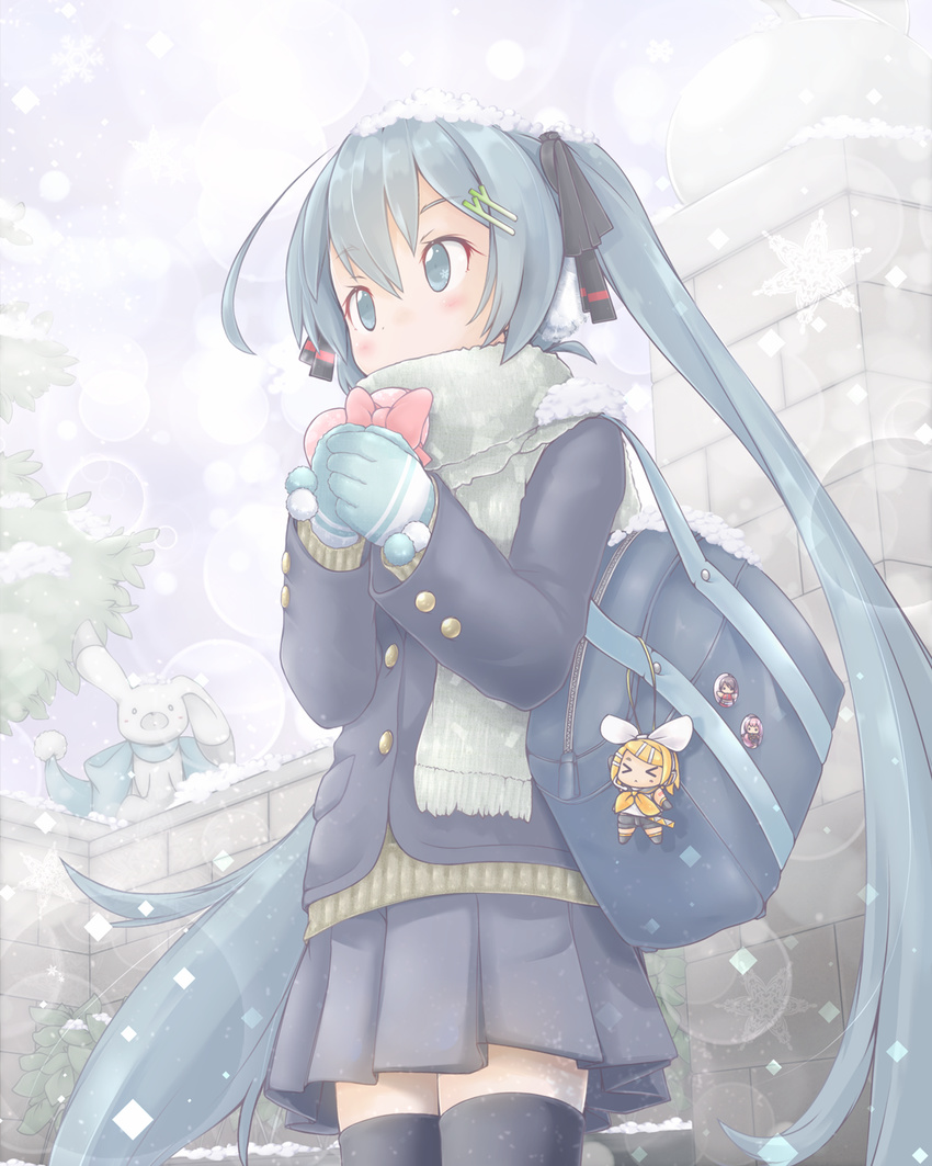 akino_coto animal aqua_eyes aqua_hair box bunny character_doll clothed_animal cowboy_shot gift gloves hair_ornament hairclip hatsune_miku heart-shaped_box highres kagamine_rin long_hair pleated_skirt scarf skirt snow snowing standing thighhighs twintails valentine vocaloid yukine_(vocaloid)