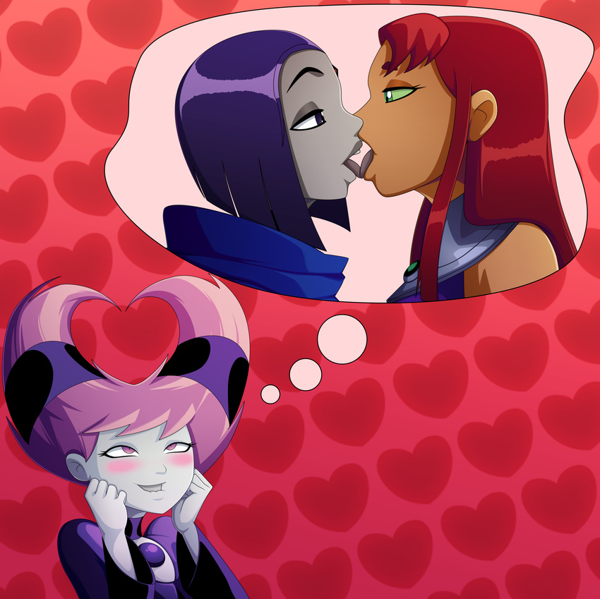 3girls artist_request blue_eyes blue_hair blush dc_comics gradient_background green_eyes grey_skin heart jinx kiss lip_biting multiple_girls pink_eyes pink_hair raven_(dc) ravenravenraven red_hair short_hair starfire teen_titans tongue_out