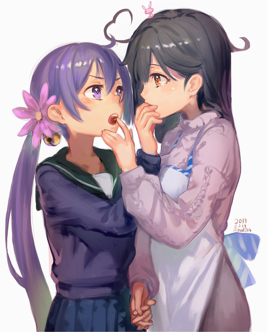 ahoge akebono_(kantai_collection) alternate_costume animal animal_on_head apron aran_sweater bell black_hair blue_skirt blush brown_eyes bunny chocolate commentary cowboy_shot dated eye_contact feeding flower food_in_mouth frown green_sailor_collar hair_bell hair_between_eyes hair_flower hair_ornament heart_ahoge highres holding_hands jingle_bell kantai_collection long_hair long_sleeves looking_at_another lynchis multiple_girls mutual_feeding on_head open_mouth pleated_skirt purple_eyes purple_hair round_teeth sailor_collar side_ponytail simple_background skirt sweater teeth twitter_username ushio_(kantai_collection) valentine very_long_hair white_background yuri