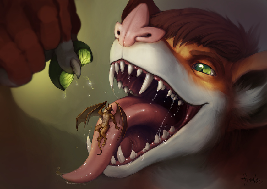 aerys bat body_in_mouth bronzewing brown_hair dragon food fruit gaping_mouth green_eyes h-hawkenstein hair lime macro male male/male mammal micro micro_on_macro oral_vore saliva size_difference teeth throat tongue tongue_out vore