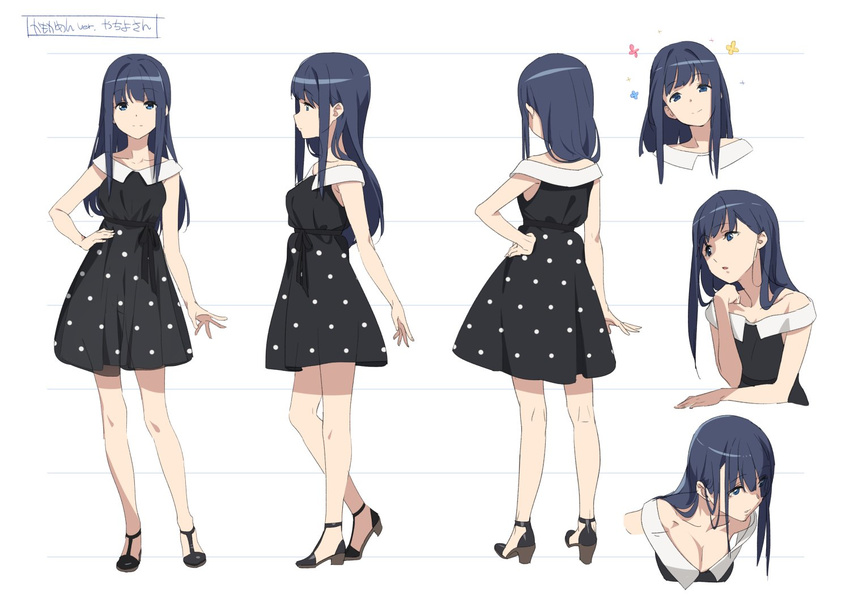 bangs bare_legs black_dress black_footwear black_ribbon blue_eyes blue_hair breasts character_sheet cleavage collarbone dress eyebrows_visible_through_hair eyes_visible_through_hair hair_behind_ear hand_on_hip kamo_kamen large_breasts light_smile long_hair magia_record:_mahou_shoujo_madoka_magica_gaiden mahou_shoujo_madoka_magica multiple_views nanami_yachiyo off_shoulder parted_lips polka_dot polka_dot_dress ribbon standing