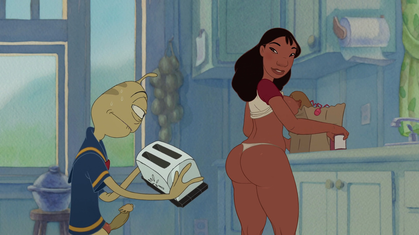 1_eye alien antennae black_hair breasts butt clothed clothing disney edit editfag female green_skin hair hi_res human lilo_and_stitch mammal nani_pelekai penis pleakley plorgonarian sweat thong toaster