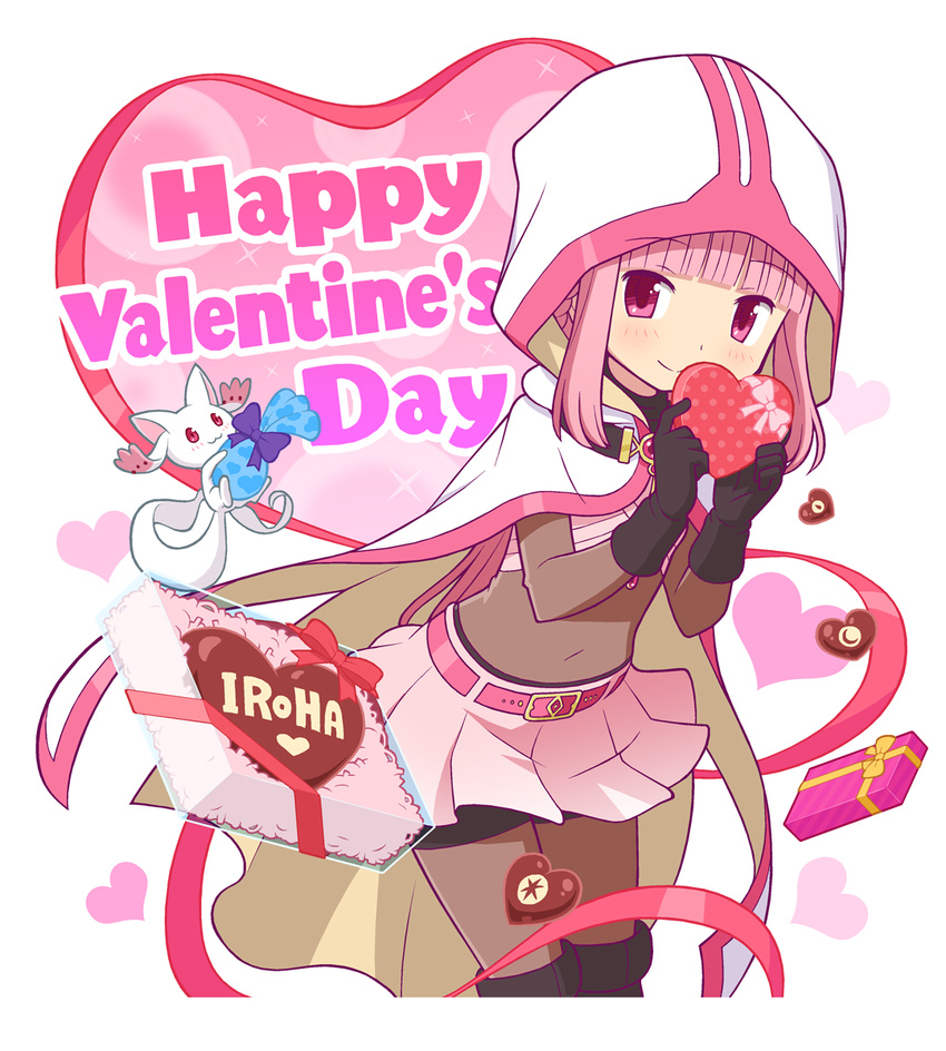 :3 bag bangs belt belt_buckle black_footwear black_gloves black_shorts blunt_bangs bodystocking boots bow box brown_hair buckle cape character_name closed_mouth covered_navel cowboy_shot creature eyebrows_visible_through_hair floating gecchu gem gift gift_box gloves happy_valentine heart heart-shaped_box heart_background heart_print highres holding holding_box hood hood_up kyubey leaning_forward looking_at_viewer magia_record:_mahou_shoujo_madoka_magica_gaiden mahou_shoujo_madoka_magica pink_eyes pink_hair pink_skirt polka_dot red_bow red_eyes shorts shorts_under_skirt skin_tight skirt smile standing tamaki_iroha tareme thigh_boots thighhighs transparent two-handed valentine white_cape