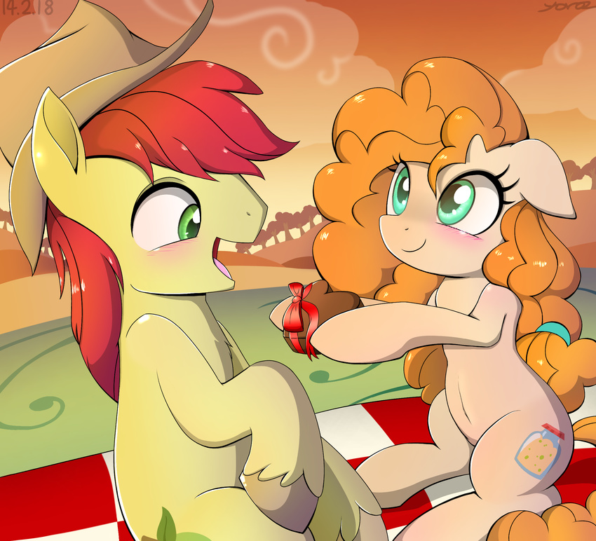 &lt;3 2018 blush bow bright_mac_(mlp) cloud cowboy_hat cute cutie_mark duo earth_pony equine eyelashes female feral friendship_is_magic gift green_eyes hair happy hat hi_res holding_object holidays hooves horse long_hair love male male/female mammal my_little_pony navel nude open_mouth orange_hair outside pear_butter_(mlp) picnic picnic_blanket pony red_hair romantic_couple signature sitting sky smile teal_eyes text tongue tree valentine's_day yorozpony