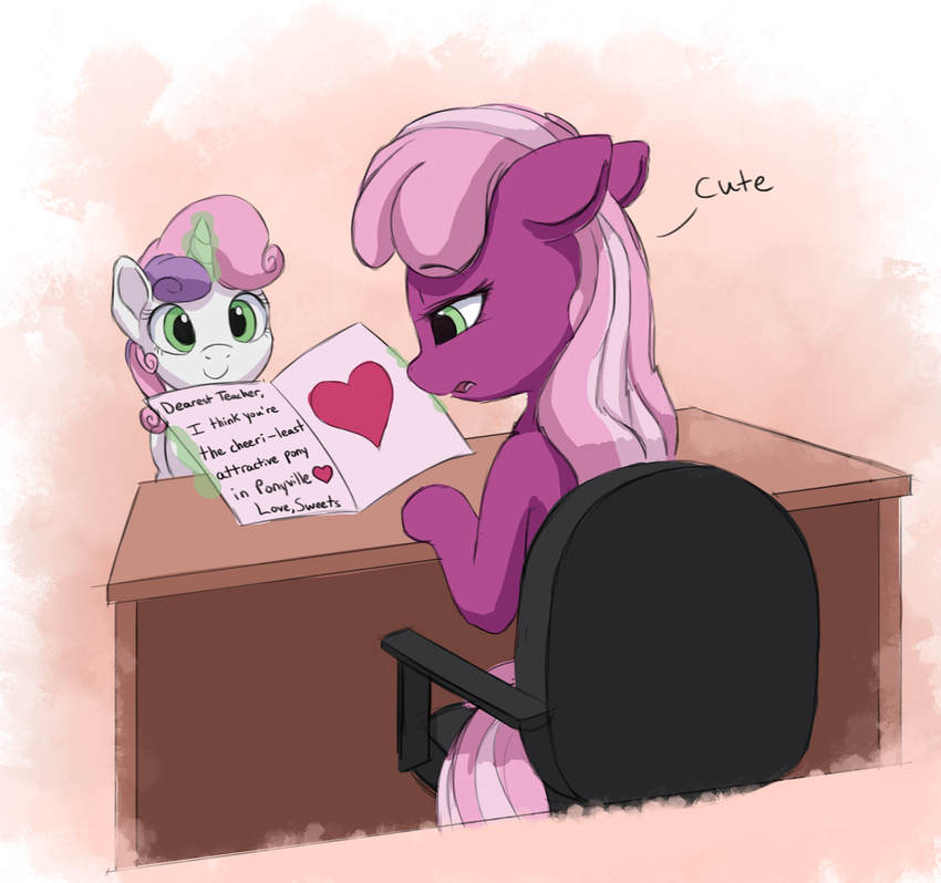 &lt;3 2018 age_difference chair cheerilee_(mlp) cub cute desk dialogue duo earth_pony english_text equine eyebrows eyebrows_visible_through_hair eyelashes female female/female feral friendship_is_magic green_eyes hair half-closed_eyes hi_res holding_object holidays horn horse levitation love magic mammal multicolored_hair my_little_pony nude office_chair open_mouth paper pink_hair pony reading simple_background sitting smile standing student sweetie_belle_(mlp) tan_background teacher teacher_and_student text tongue two_tone_hair unicorn valentine's_day vanillaghosties young
