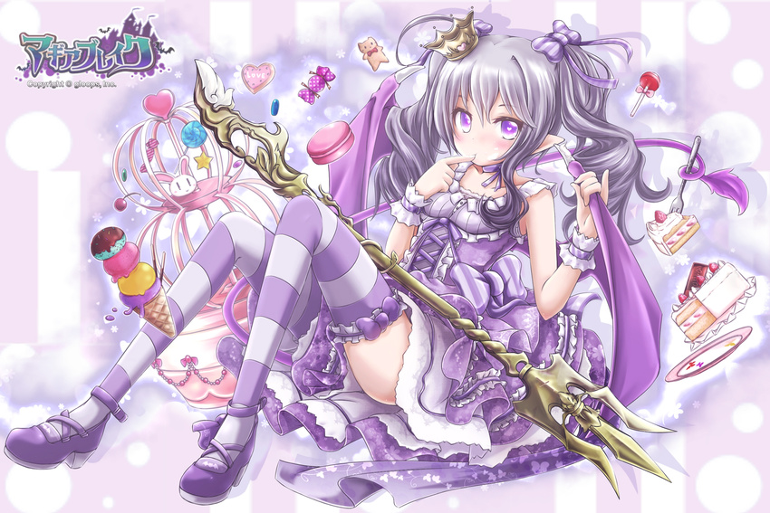 akino_coto bow candy choker cookie crown demon_wings dress food fork frills full_body grey_hair hair_bow heart heart_in_eye highres ice_cream ice_cream_cone lollipop long_hair looking_at_viewer macaron mini_crown original plate pointy_ears princess purple purple_bow purple_dress purple_eyes purple_footwear quadruple_scoop shoes sidelocks solo strappy_heels strawberry_shortcake striped striped_bow striped_legwear swirl_lollipop symbol_in_eye thighhighs twintails wings zettai_ryouiki