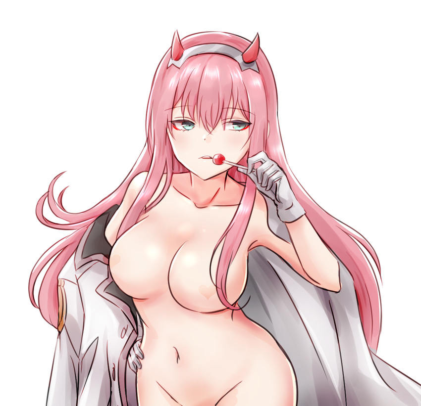 aqua_eyes bangs breasts candy collarbone commentary darling_in_the_franxx eyebrows_visible_through_hair eyeshadow food gloves hair_over_breasts hairband horns jacket_on_shoulders large_breasts lollipop long_hair makeup melings_(aot2846) navel no_nipples nude out-of-frame_censoring pink_hair shiny shiny_hair simple_background solo tongue tongue_out upper_body very_long_hair white_background white_hairband zero_two_(darling_in_the_franxx)