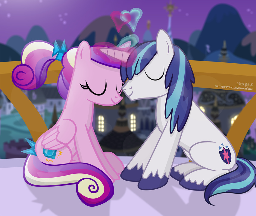 &lt;3 2018 alternate_hairstyle balcony blue_hair blurred_background castle cute cutie_mark duo equine eyelashes eyes_closed feathered_wings feathers female feral feral_on_feral friendship_is_magic hair hair_bow hair_ribbon hi_res holidays hooves horn love magic male male/female mammal mountain multicolored_hair my_little_pony night nude outside ponytail princess_cadance_(mlp) railing ribbons romantic_couple shadow shining_armor_(mlp) shutterflyeqd signature sitting sky smile sparkles star starry_sky tail_bow tail_ribbon text two_tone_hair unicorn valentine's_day winged_unicorn wings