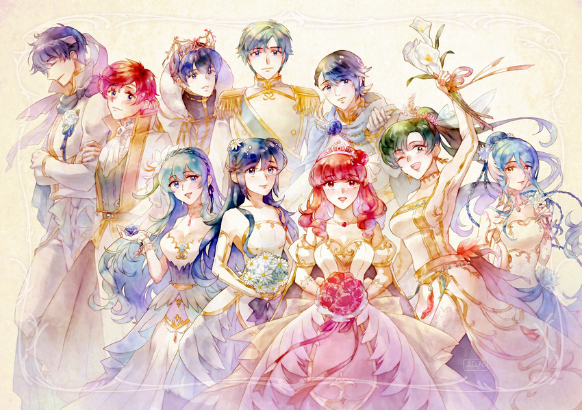 aqua_(fire_emblem_if) aqua_hair armor blonde_hair blue_eyes blue_hair blush bride cape celica_(fire_emblem) dress earrings eirika ephraim fingerless_gloves fire_emblem fire_emblem:_fuuin_no_tsurugi fire_emblem:_kakusei fire_emblem:_monshou_no_nazo fire_emblem:_rekka_no_ken fire_emblem:_seima_no_kouseki fire_emblem:_souen_no_kiseki fire_emblem_echoes:_mou_hitori_no_eiyuuou fire_emblem_heroes fire_emblem_if formal gloves green_eyes green_hair headband high_ponytail highres ike jewelry liefe long_hair looking_at_viewer lucina lyndis_(fire_emblem) mamkute marth multicolored_hair multiple_girls open_mouth ponytail red_eyes red_hair roy_(fire_emblem) short_hair smile suit tiara two-tone_hair wedding_dress