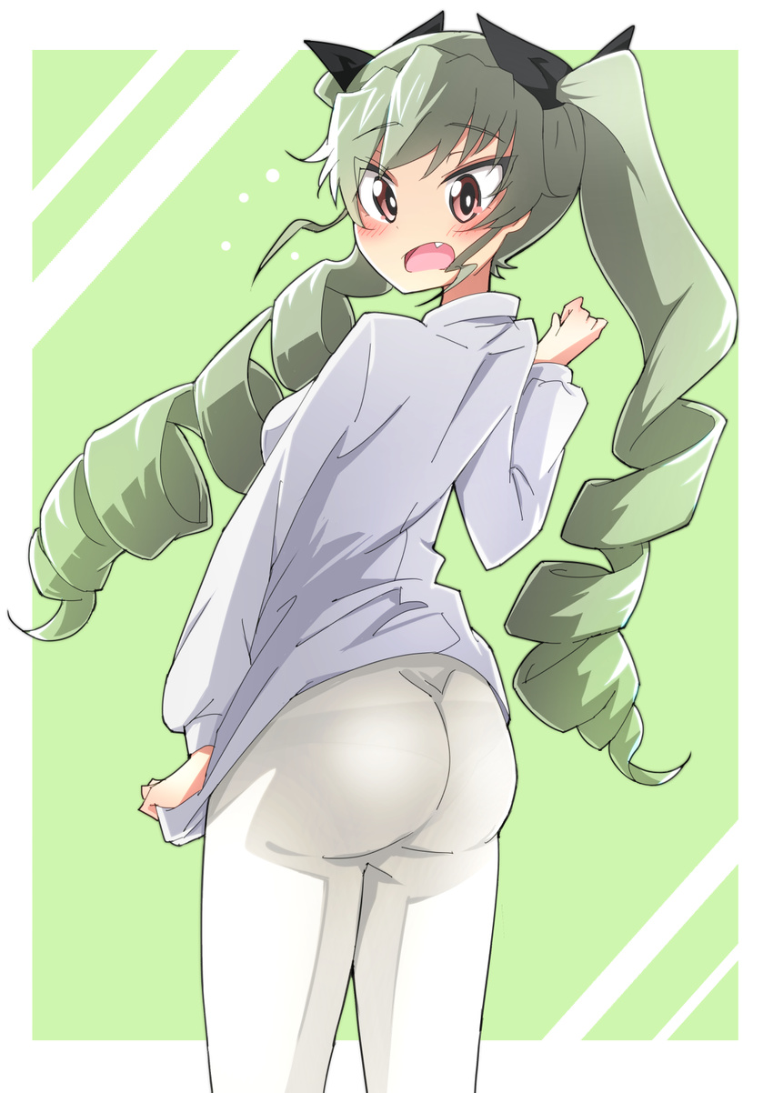 1girl anchovy ass blush breasts chiro drill_hair embarrassed fang girls_und_panzer green_hair hair_ribbon long_hair looking_at_viewer looking_back looking_down open_mouth panties panties_under_pantyhose pantyhose red_eyes shiny shiny_hair shirt sideboob solo twin_drills twintails very_long_hair white_legwear