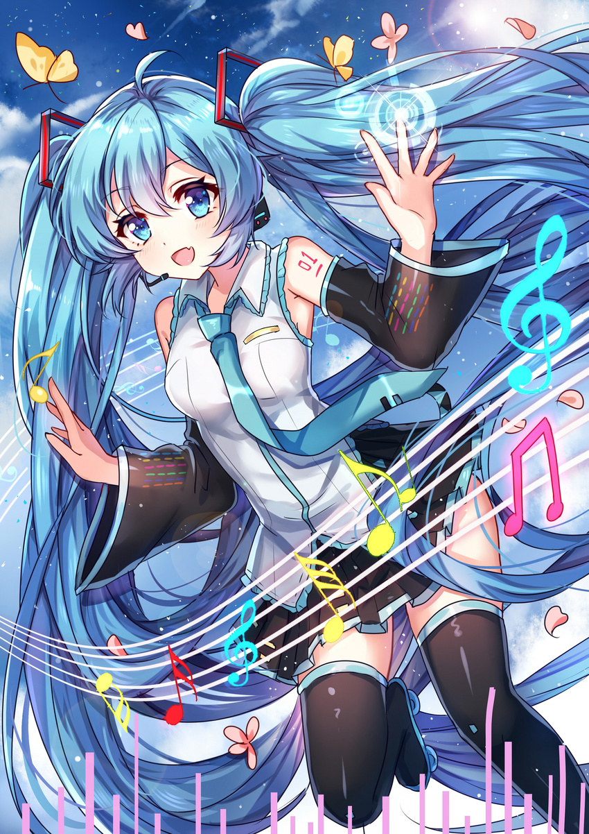 absurdres ahoge beamed_eighth_notes black_footwear black_skirt blue_eyes blue_hair blue_neckwear boots bug butterfly detached_sleeves eighth_note eyebrows_visible_through_hair floating_hair gejigejier hair_between_eyes hair_ornament hatsune_miku highres insect leg_up long_hair miniskirt musical_note pleated_skirt shirt sixteenth_note skirt sleeveless sleeveless_shirt solo staff_(music) thigh_boots thighhighs thirty-second_note treble_clef twintails very_long_hair vocaloid white_shirt zettai_ryouiki