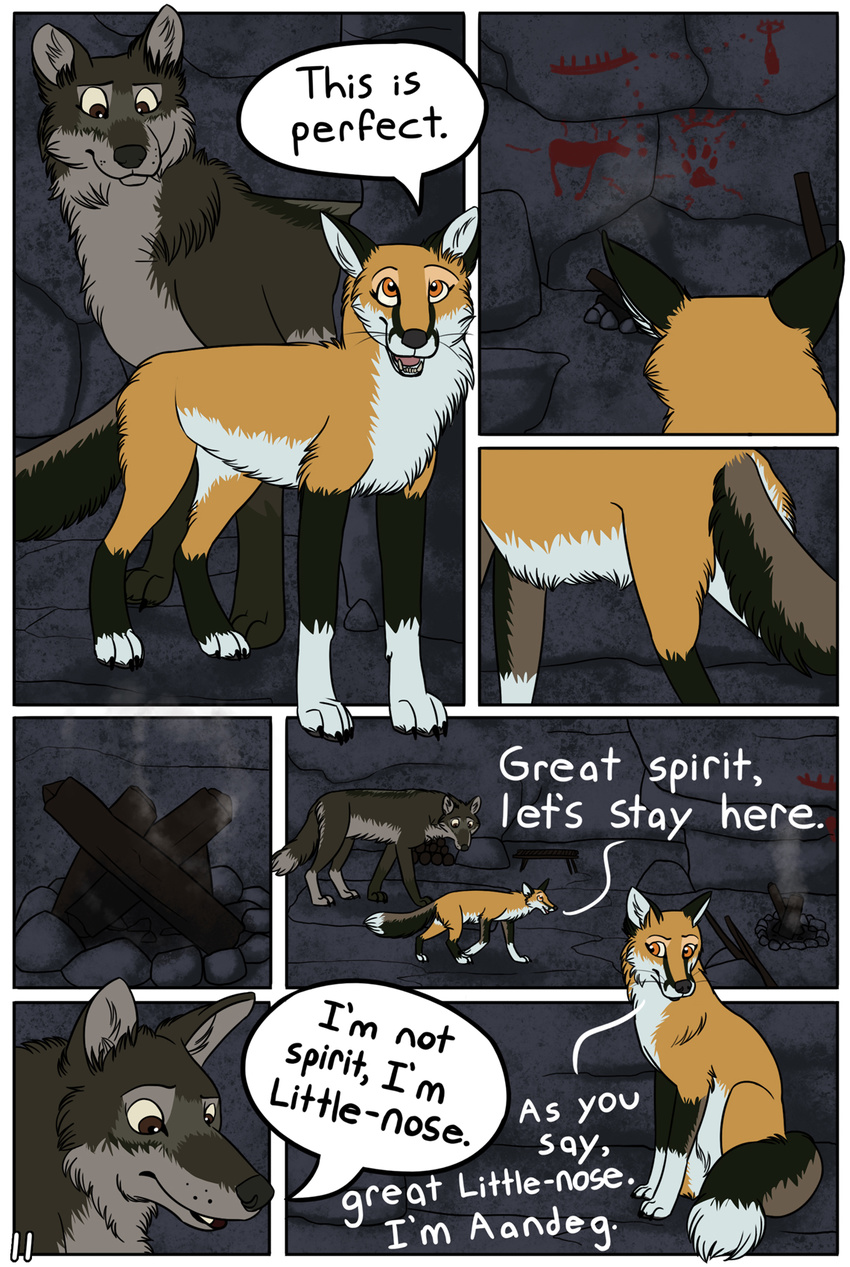 aandeg canine comic digital_media_(artwork) female feral fox fur little-nose male mammal tailshigh wolf