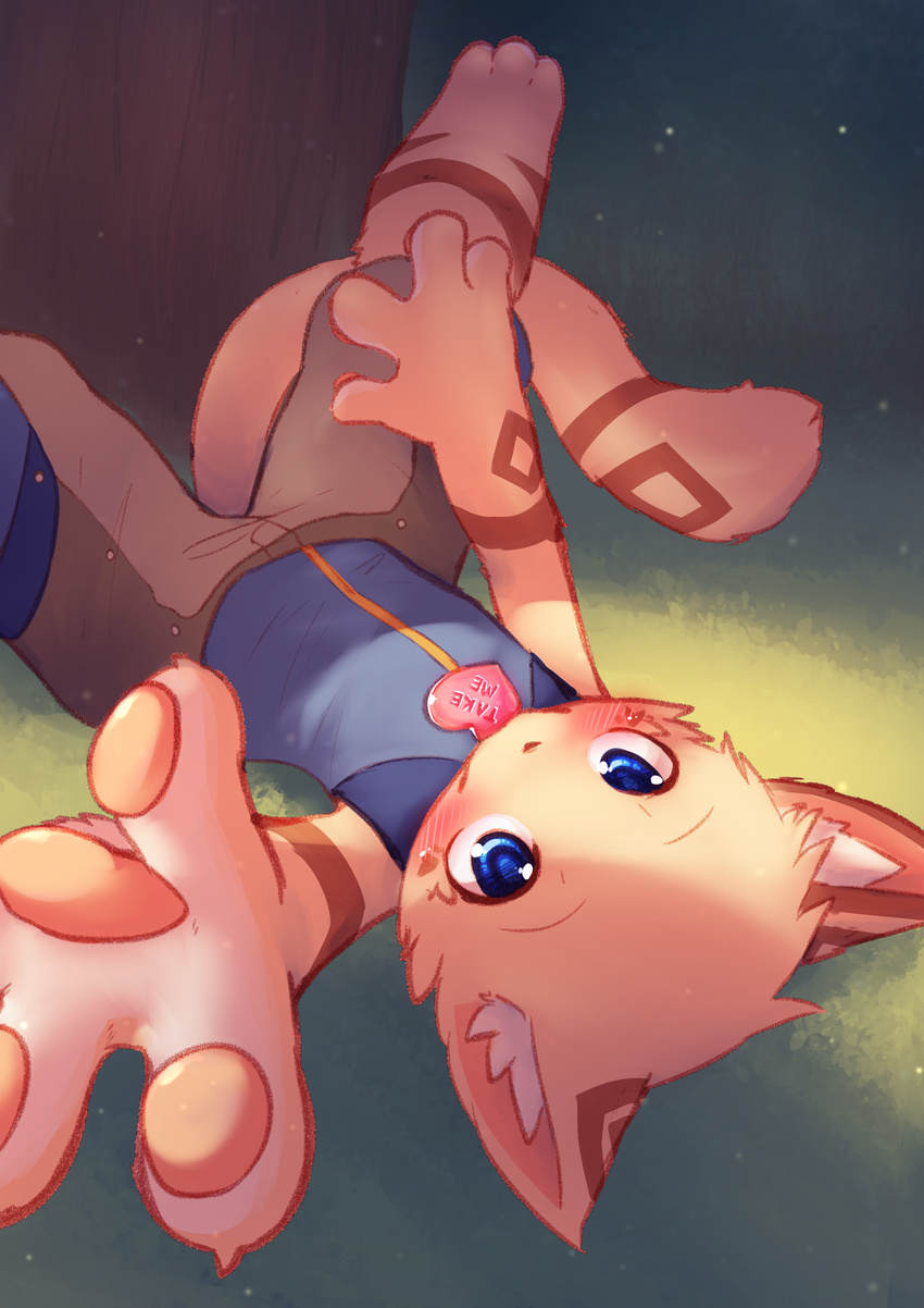 4_fingers anthro blue_eyes blush brown_fur cat clothed clothing cub feline fur looking_at_viewer lying male mammal nobusuke on_back shorts solo white_fur young