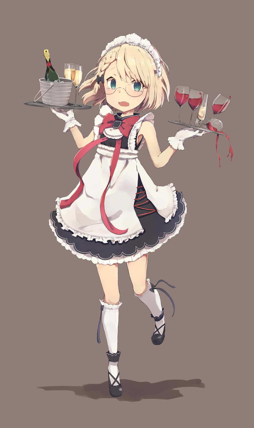 @_@ absurdres ahokoo alcohol apron aqua_eyes balancing bangs black_footwear blonde_hair bottle bow bow_legwear bowtie braid bucket champagne champagne_bottle champagne_flute commentary cup dress drinking_glass french_braid full_body g36_(girls_frontline) girls_frontline glasses gloves grey_background hair_bow highres holding holding_tray kneehighs looking_at_viewer maid maid_headdress open_mouth revision shoes short_hair simple_background sleeveless sleeveless_dress solo spilling standing standing_on_one_leg tearing_up tears tray white_gloves white_legwear wine wine_glass younger