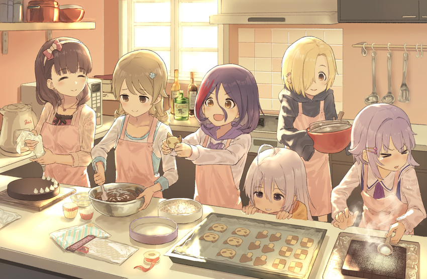 &gt;_&lt; ahoge apron backlighting baking bionekojita blonde_hair bloom blush bow bowl brown_eyes brown_hair cake checkerboard_cookie chocolate commentary_request cookie cooking day drill_hair ear_piercing earrings eyebrows_visible_through_hair fang flour food grey_eyes grey_hair hair_bow hair_ornament hair_over_one_eye hairband hairclip hayasaka_mirei heart heart_earrings hood hood_down hoodie hoshi_shouko icing idolmaster idolmaster_cinderella_girls indoors jewelry kitchen koshimizu_sachiko ladle lavender_hair light_brown_hair long_hair microwave mixing_bowl morikubo_nono multicolored_hair multiple_girls mushroom necklace open_mouth pastry_bag piercing plate purple_hair red_ribbon ribbon sakuma_mayu sepia shirasaka_koume short_hair sleeves_past_fingers sleeves_past_wrists smile sneezing spatula stove streaked_hair stud_earrings sunlight tiles valentine window