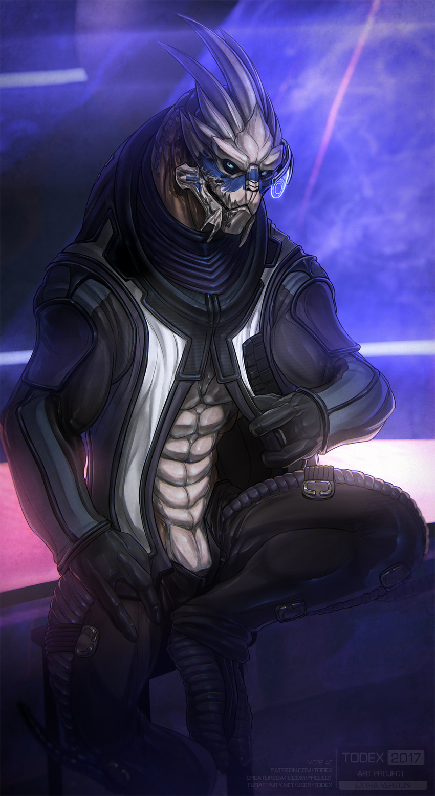2017 abs alien bar clothing garrus_vakarian jacket looking_at_viewer male mass_effect mass_effect_3 muscular muscular_male nightclub open_jacket open_pants pants presenting solo todex turian video_games