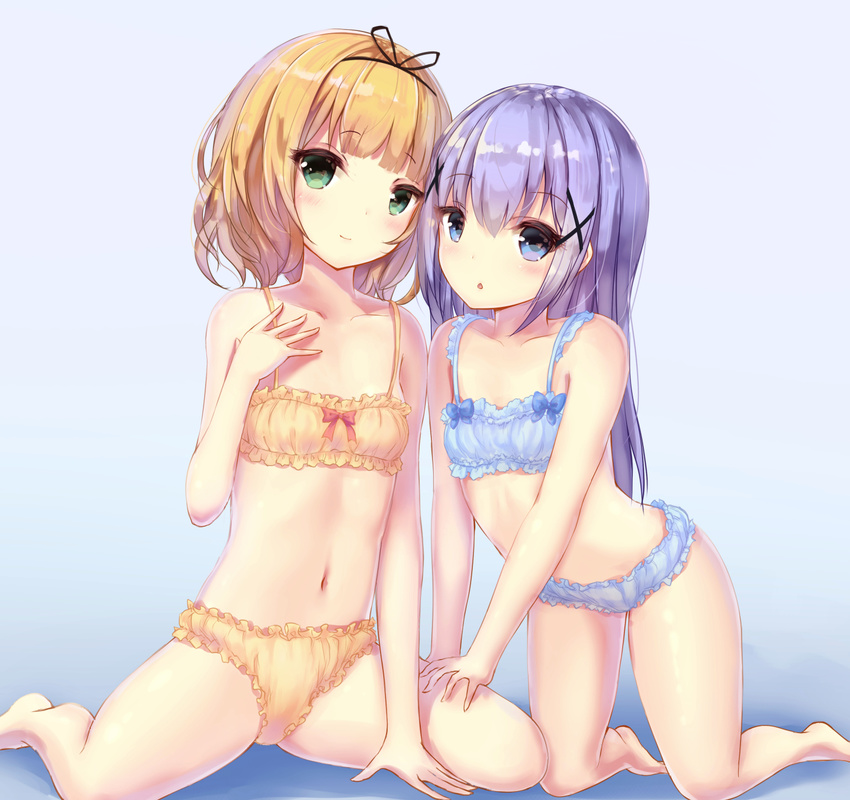 arm_support bangs bare_arms bare_legs bare_shoulders barefoot blonde_hair blue_bra blue_eyes blue_panties blush bow bow_bra bra breasts cinderella_bust closed_mouth collarbone commentary_request eyebrows_visible_through_hair gochuumon_wa_usagi_desu_ka? green_eyes hair_between_eyes hair_ornament highres kafuu_chino kirima_sharo kneeling long_hair looking_at_viewer missile228 multiple_girls navel panties parted_lips purple_hair short_hair sidelocks sitting small_breasts smile underwear underwear_only very_long_hair x_hair_ornament yellow_bra yellow_panties