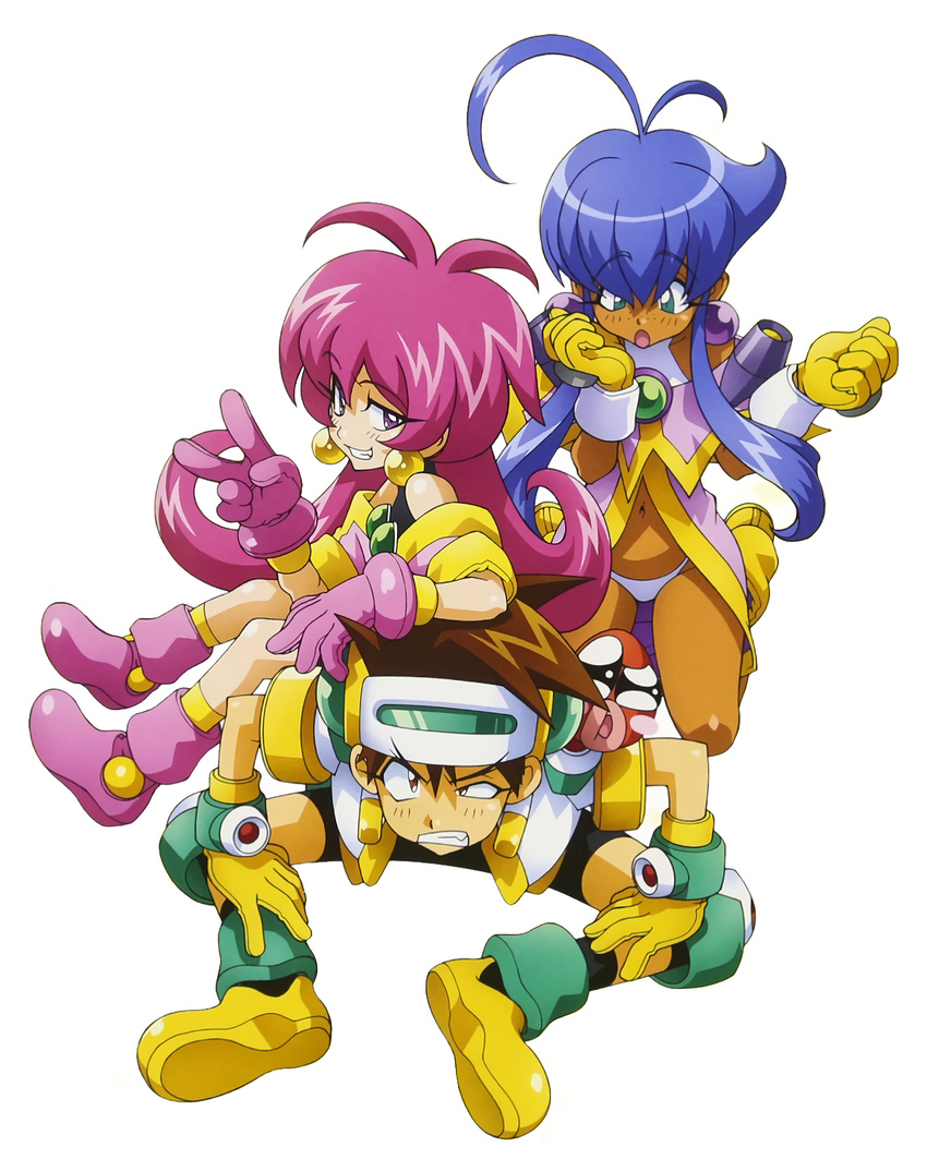 2girls 90s antenna_hair aqua_eyes blue_hair boots brown_hair cacao_(lamune) dark_skin drum_(lamune) earrings eyebrows_visible_through_hair forearms_at_chest gloves grin highres jewelry kneehighs kotobuki_tsukasa long_hair looking_at_viewer multiple_girls navel official_art open_mouth parfait_(lamune) purple_eyes red_eyes sidelocks simple_background smile v vs_knight_lamune_&amp;_40_fire white_background