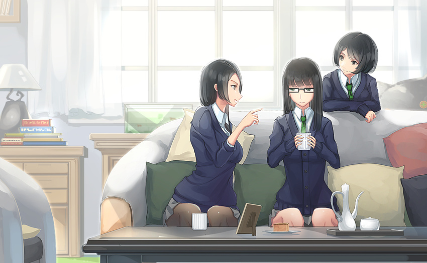 black_hair black_legwear book brown_eyes closed_mouth cup glasses green_eyes indoors kikivi leaning_on_object long_hair looking_at_another multiple_girls necktie open_mouth original pantyhose pleated_skirt school_uniform short_hair sitting skirt window