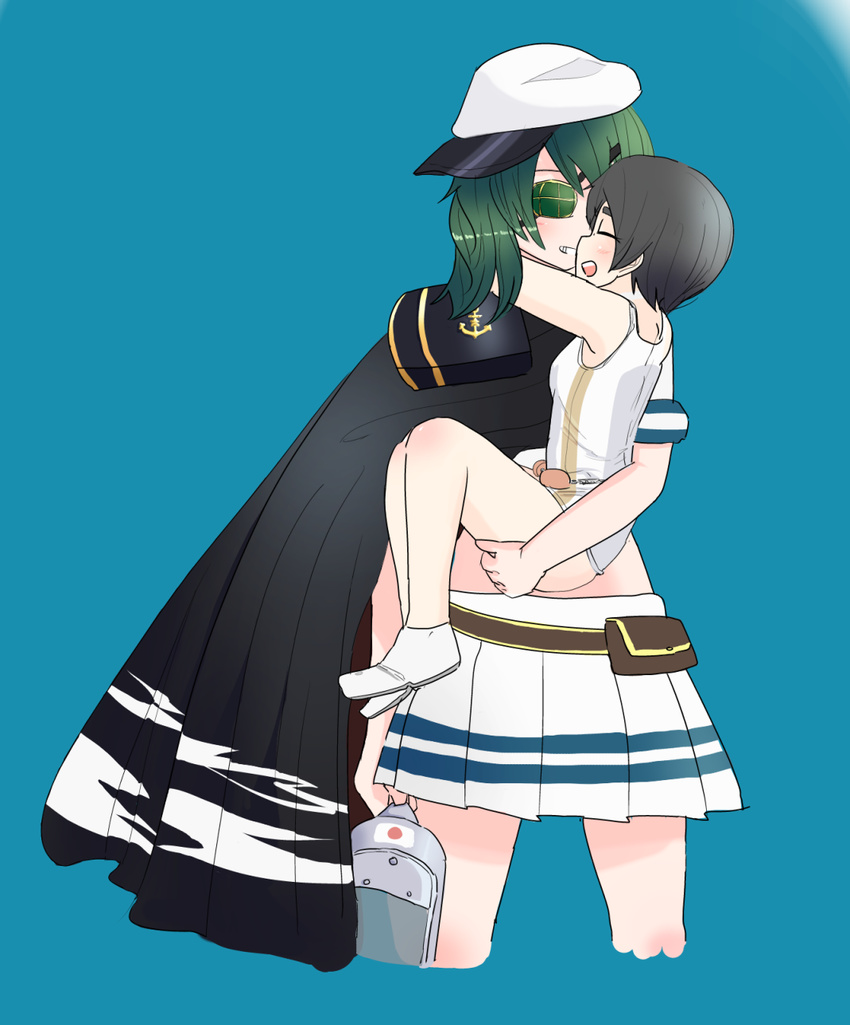 bangs black_hair cape carrying commentary_request eyepatch green_hair hat highres kantai_collection kiso_(kantai_collection) maru-yu_(kantai_collection) multiple_girls nb_(pixiv594732) one-piece_swimsuit parted_bangs princess_carry school_swimsuit school_uniform serafuku short_hair smile swimsuit white_school_swimsuit white_swimsuit yuri