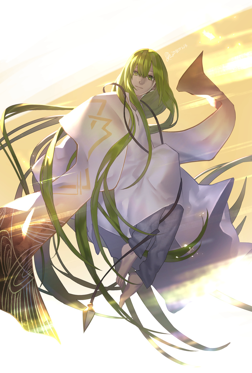 absurdres androgynous blue_pants enkidu_(fate/strange_fake) fate/strange_fake fate_(series) green_eyes green_hair hair_between_eyes highres hutagi_rouka long_hair looking_at_viewer male_focus pants robe solo very_long_hair white_robe