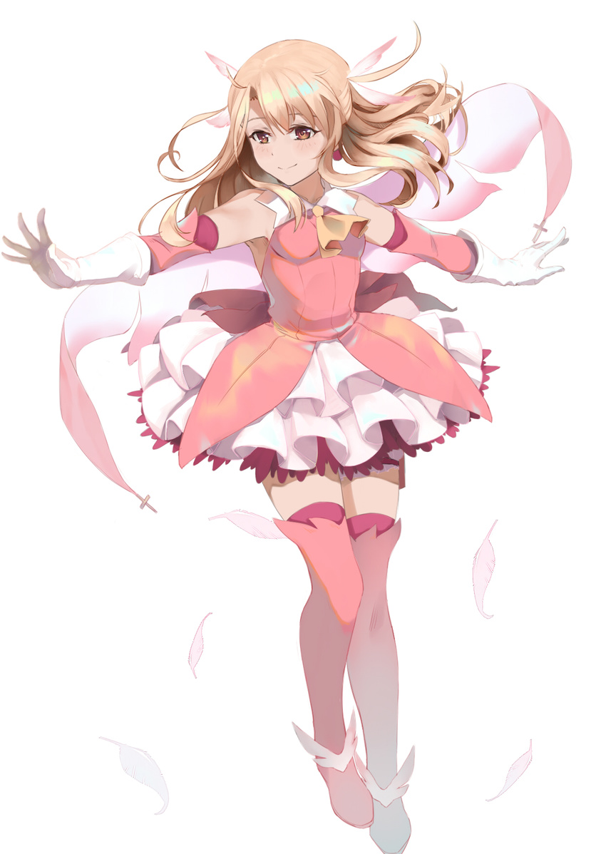 blonde_hair boots brown_eyes detached_sleeves eyebrows_visible_through_hair fate/kaleid_liner_prisma_illya fate_(series) feathers floating_hair full_body gloves hair_between_eyes hair_feathers highres layered_skirt long_hair miniskirt outstretched_arms pink_feathers pink_footwear pink_legwear prisma_illya simple_background skirt smile solo standing thigh_boots thighhighs white_background white_gloves white_skirt yonago_miko