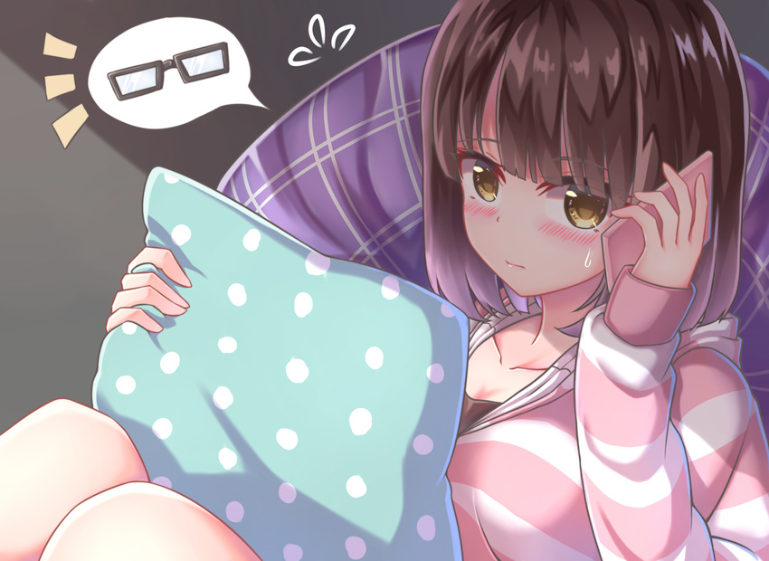 bangs black-framed_eyewear blush brown_eyes brown_hair cellphone closed_mouth collarbone commentary_request eyebrows_visible_through_hair flying_sweatdrops glasses highres holding holding_cellphone holding_phone holding_pillow hood hood_down hoodie katou_megumi phone pillow polka_dot polka_dot_pillow saenai_heroine_no_sodatekata sitting solo spoken_object striped striped_hoodie sweat talking_on_phone zongren