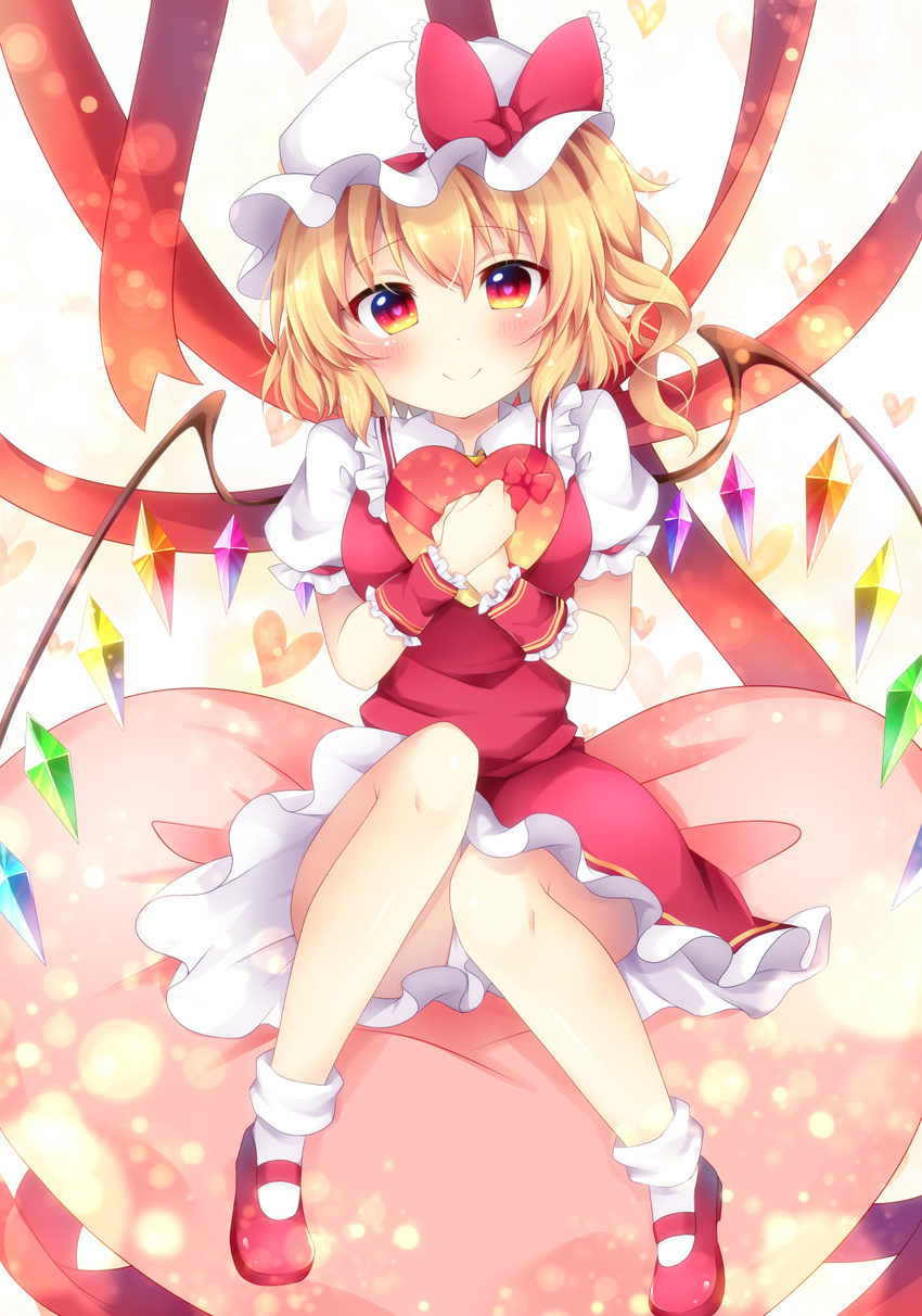 blonde_hair blush commentary_request crystal dress flandre_scarlet full_body gift hair_between_eyes hat hat_ribbon heart heart-shaped_pupils heart_background heart_pillow highres holding holding_gift knees_together_feet_apart looking_at_viewer medium_hair miy@ mob_cap panties pantyshot pillow red_dress red_eyes red_ribbon ribbon ribbon-trimmed_dress side_ponytail sitting_on_pillow smile solo star star_print symbol-shaped_pupils touhou underwear valentine white_panties wings