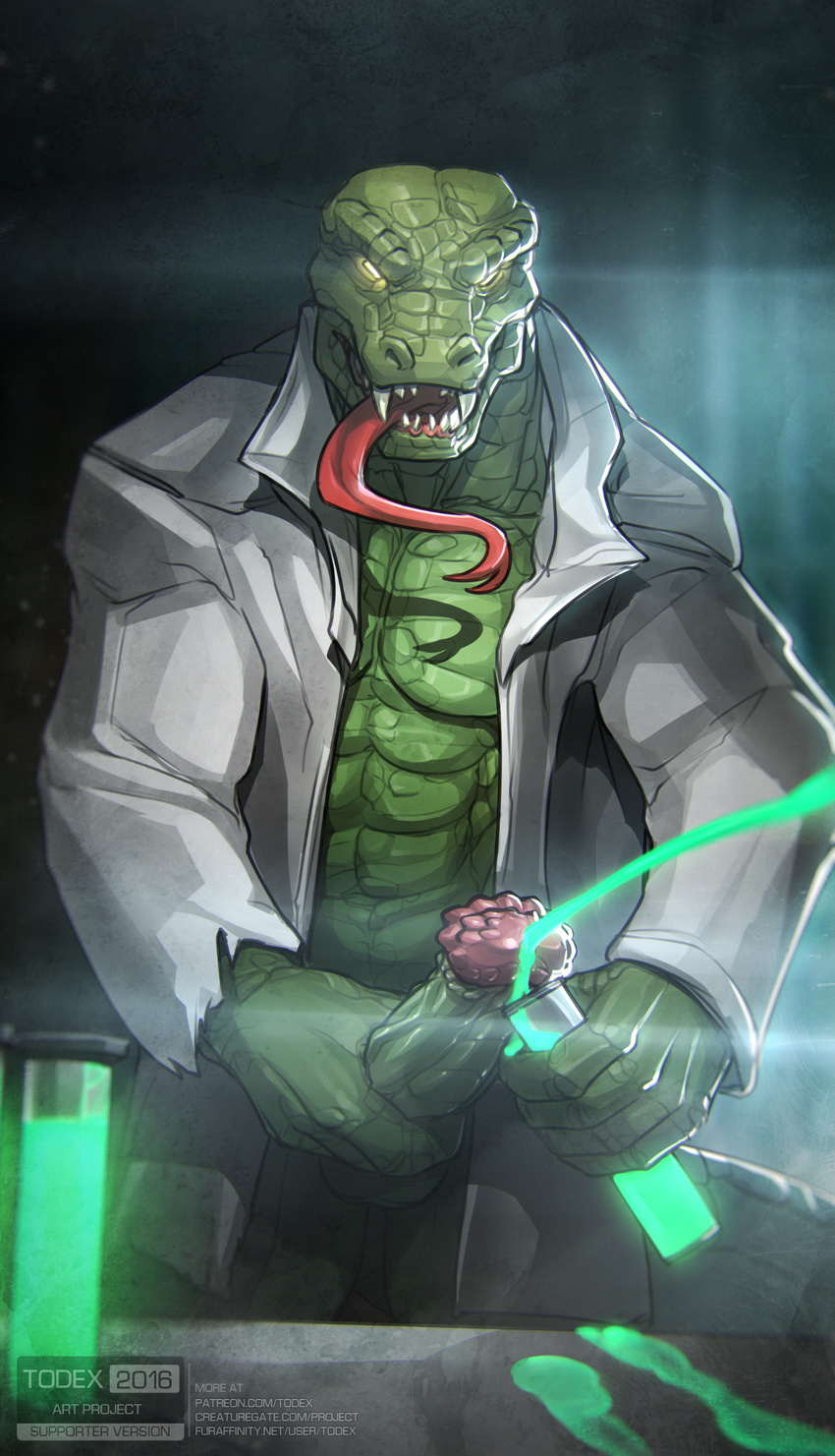 2016 abs anthro balls big_balls big_penis colored_cum cum cum_collection cum_in_test_tube cum_on_table cumshot ejaculation fangs forked_tongue glowing glowing_cum green_cum horny_(disambiguation) huge_penis humanoid_penis hybrid lab_coat lizard male mammal marvel masturbation muscular muscular_male open_clothing orgasm penile_masturbation penis pupilless_eyes reptile scalie scientist solo spider-man_(series) test_tube the_lizard_(spider-man) todex tongue tongue_out unprofessional_behavior unusual_cum vein veiny_penis vial