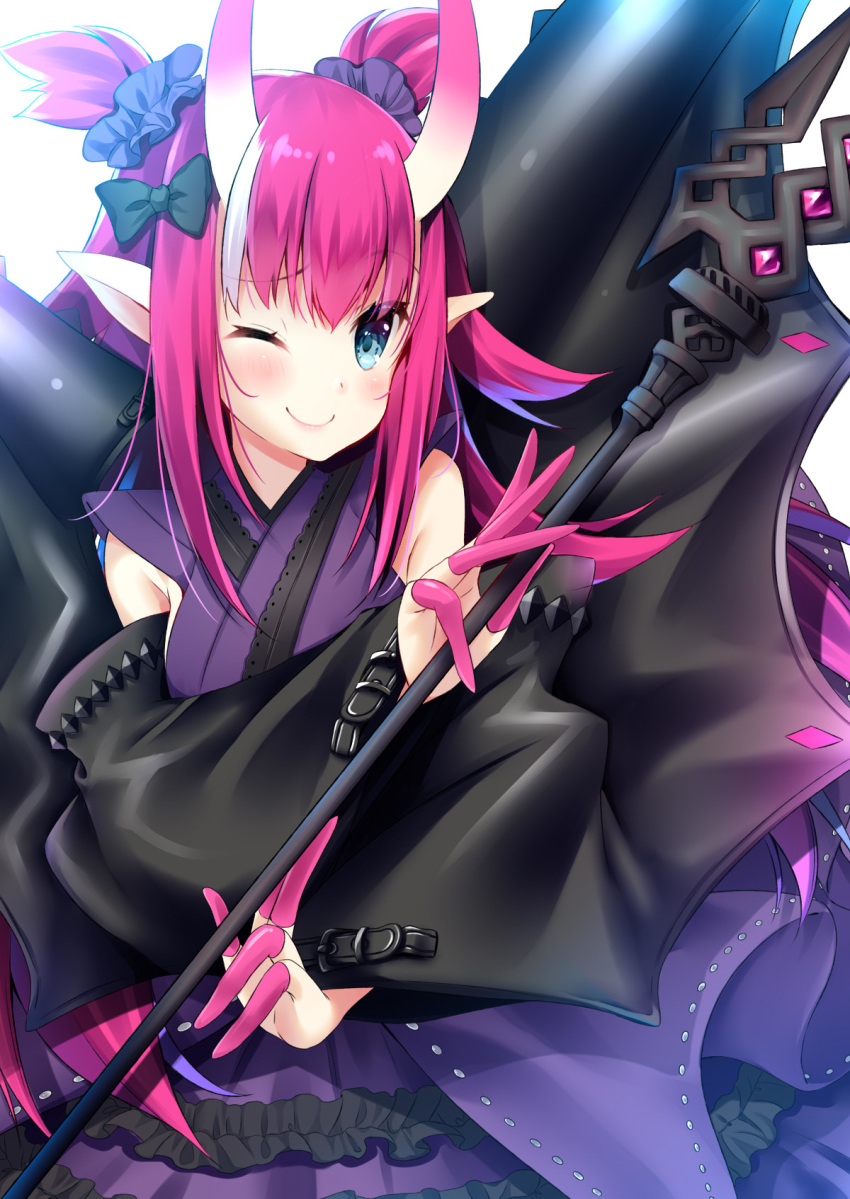 1girl ;) bangs black_bow blue_eyes blush bow breasts closed_mouth commentary_request elizabeth_bathory_(fate) elizabeth_bathory_(fate)_(all) eyebrows_visible_through_hair fate/grand_order fate_(series) frills hair_between_eyes hair_bow hair_ornament hair_scrunchie highres holding horns japanese_clothes kimono ko_yu long_hair long_sleeves multicolored_hair one_eye_closed pink_hair purple_kimono purple_scrunchie scrunchie sidelocks simple_background sleeveless sleeveless_kimono sleeves_past_wrists small_breasts smile solo streaked_hair two_side_up white_background white_hair wide_sleeves