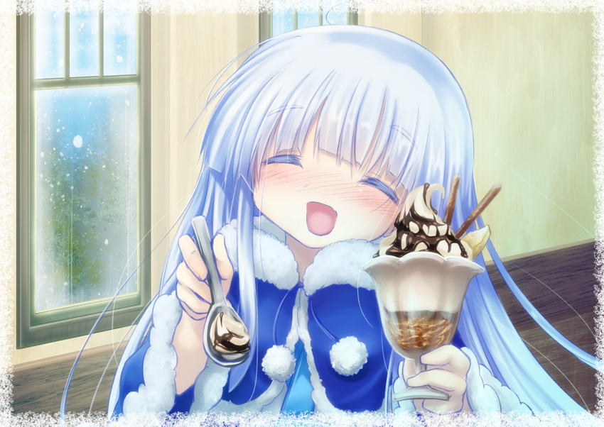 blue_shawl blush closed_eyes colored_eyelashes facing_viewer feeding flower_knight_girl hatsuyukisou_(flower_knight_girl) izumi_yukiru long_hair open_mouth parfait pom_pom_(clothes) pov_feeding shawl silver_hair smile solo spoon window