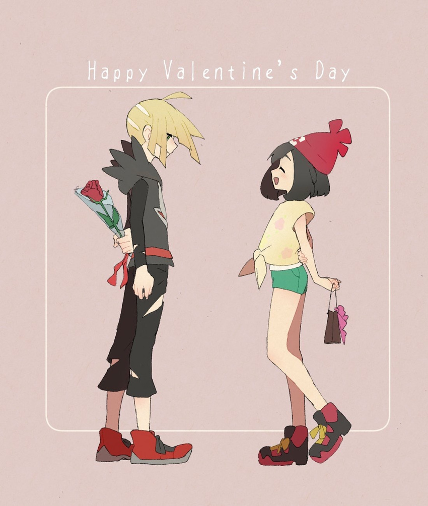 1boy 1girl bag black_hair blonde_hair gladio_(pokemon) hat mizuki_(pokemon_sm) plain_background pokemon pokemon_(game) pokemon_sm rose short_hair shorts smile sweater tagme valentine&rsquo;s_day