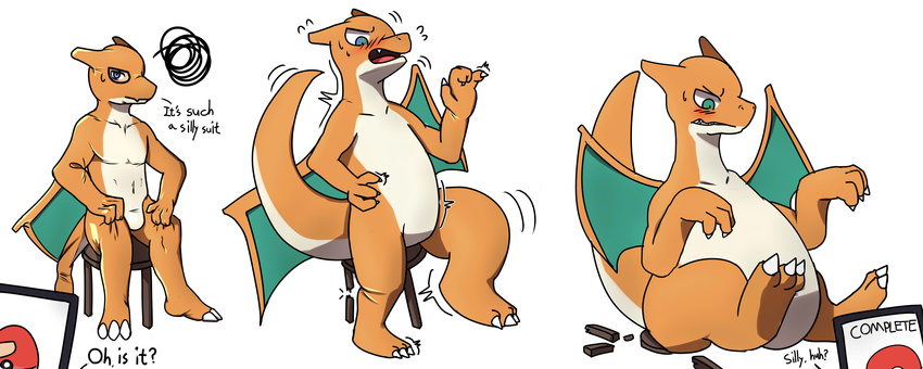 2018 3_fingers 3_toes absurd_res anthro belly blue_eyes blush bulge charizard claws clothed clothing costume dialogue digital_drawing_(artwork) digital_media_(artwork) dragon duo english_text fursuit hi_res human male mammal nintendo nude open_mouth pok&eacute;ball pok&eacute;mon pok&eacute;mon_(species) rubber sa_no scalie sequence shiny simple_background sitting solo_focus text toe_claws toes transformation video_games weight_gain white_background wings