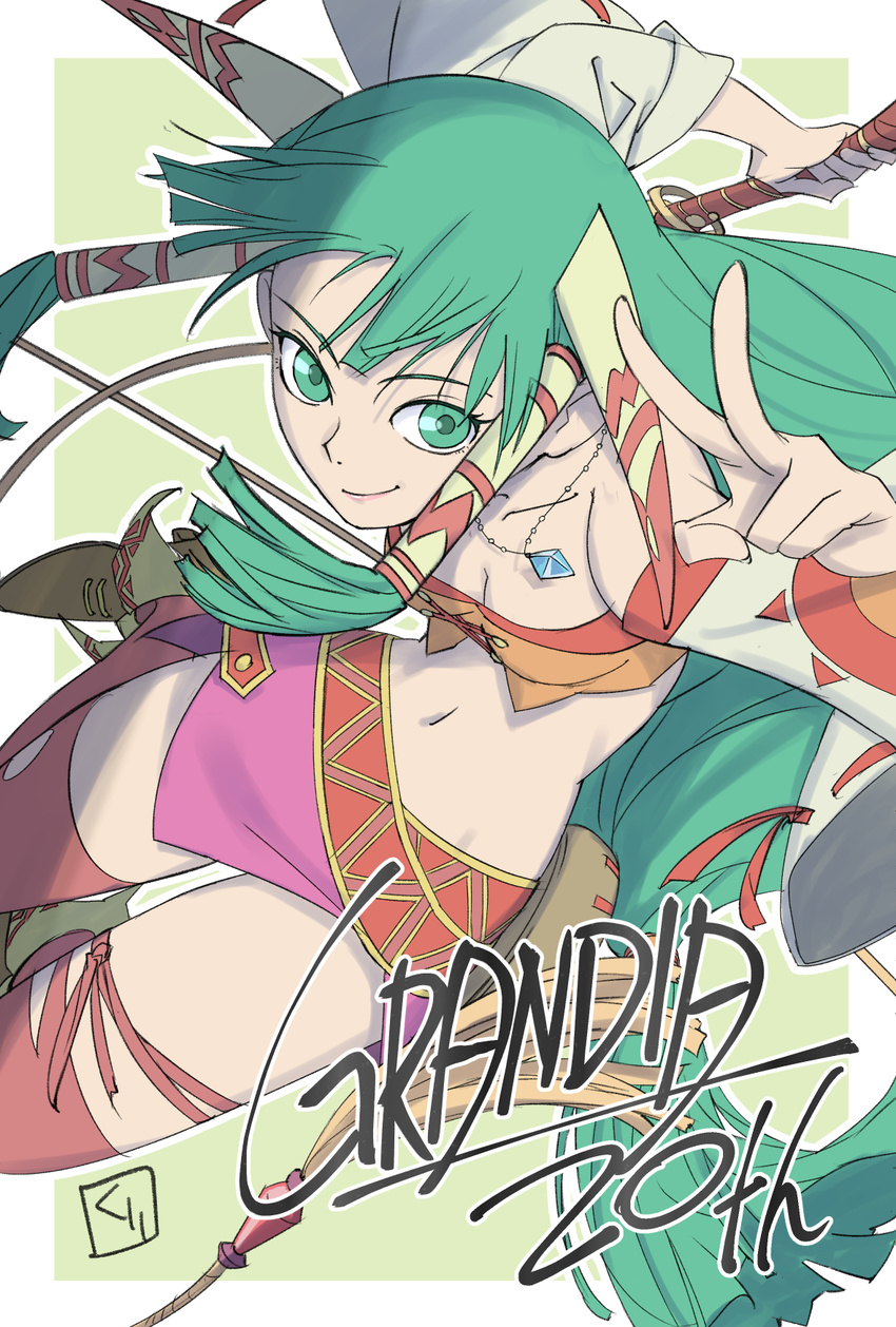 anniversary breasts cleavage closed_mouth copyright_name detached_sleeves feena_(grandia) grandia grandia_i green_eyes green_hair hair_tubes highres jewelry large_breasts long_hair looking_at_viewer midriff miniskirt navel necklace purple_skirt red_legwear skirt smile solo sones thighhighs v whip zettai_ryouiki