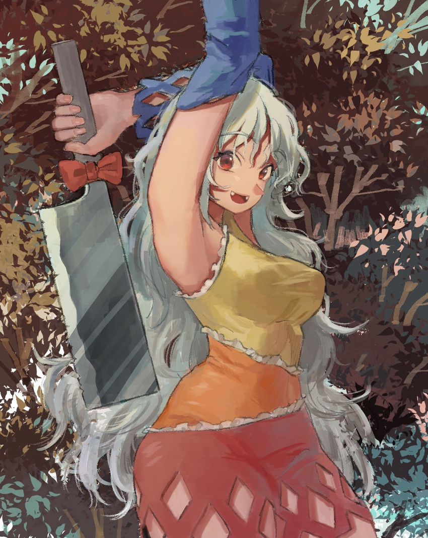 armpits arms_up bow breasts bush cleaver commentary cowboy_shot detached_sleeves dress fangs frills highres holding holding_weapon large_breasts leaf long_hair looking_at_viewer messy_hair multicolored multicolored_clothes multicolored_dress open_mouth outdoors pointy_nose pororikin red_bow red_eyes sakata_nemuno smile solo touhou weapon white_hair
