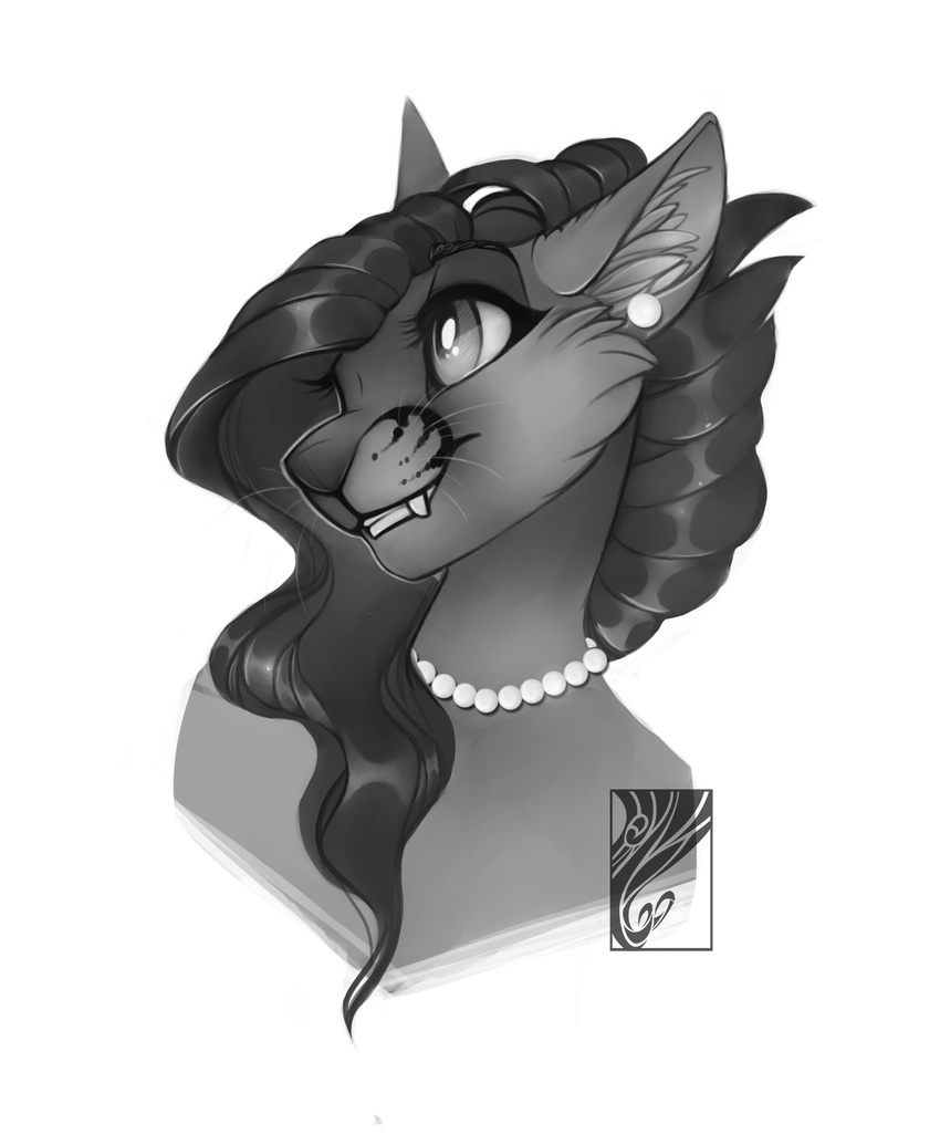 anthro bust_portrait canine casy_the_wolfcat casynuf cat cheek_tuft collar digital_media_(artwork) ear_piercing eyelashes fangs feline female fur gem greyscale hair head_tilt hi_res hybrid inner_ear_fluff jewelry long_hair looking_away mammal monochrome necklace pearl_(gem) pearl_necklace piercing portrait simple_background smile solo tuft watermark whiskers white_background wolfcat