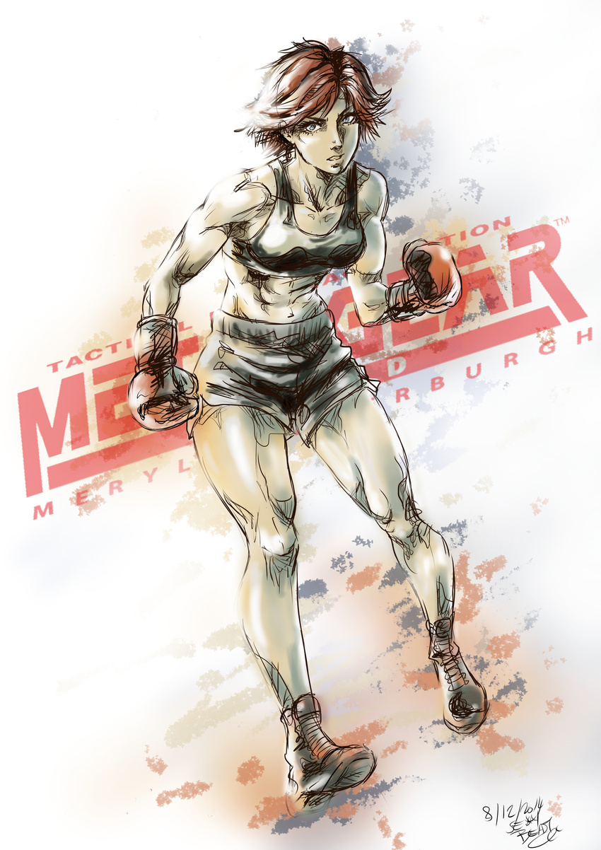 abs absurdres blue_eyes boots boxing_gloves breasts brown_hair character_name cloudy-0w0 commentary copyright_name full_body highres medium_breasts meryl_silverburgh metal_gear_(series) metal_gear_solid midriff navel short_hair shorts sketch solo sports_bra tomboy toned