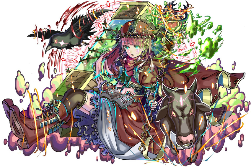 androgynous bird black_legwear blue_eyes book braid brown_cape brown_footwear brown_hat dragon_egg facial_tattoo full_body goat hat highres holding holding_staff looking_at_viewer magic_circle navel open_book original rahanachi red_sclera rune sitting staff tattoo thighhighs yellow_eyes