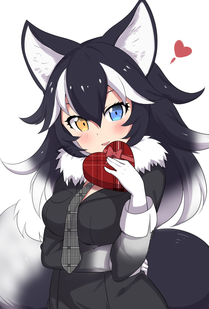 :d animal_ears between_breasts blue_eyes blush box box_of_chocolates breast_hold breasts gift gloves gradient_hair grey_wolf_(kemono_friends) half-closed_eyes heart heart-shaped_box heterochromia highres kemono_friends large_breasts long_sleeves looking_at_viewer multicolored_hair necktie necktie_between_breasts open_mouth ransusan smile solo tail two-tone_hair unmoving_pattern valentine white_hair wolf_ears wolf_girl wolf_tail yellow_eyes