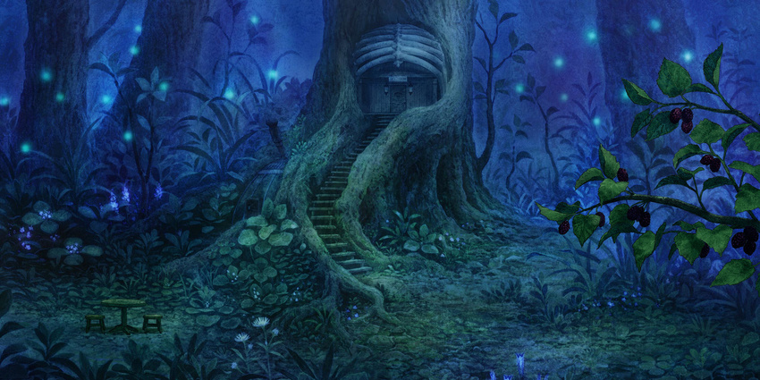 food forest fruit hakumei_to_mikochi highres house nature night no_humans official_art raspberry ribs scenery table tree