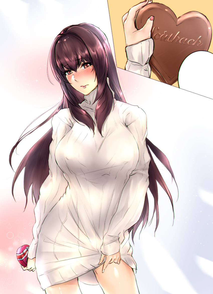blush character_name chocolate chocolate_heart dress dress_lift fate/grand_order fate_(series) heart highres kuziaaizuk long_hair looking_at_viewer purple_hair red_eyes ribbed_sweater scathach_(fate)_(all) scathach_(fate/grand_order) solo sweater sweater_dress valentine white_dress white_sweater