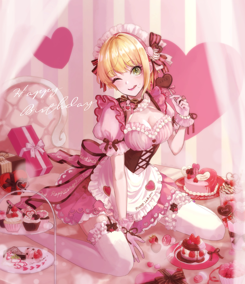 alternate_costume bangs birthday blonde_hair box breasts cake cleavage commentary_request corset dress english eyelashes food frilled_dress frills green_eyes happy_birthday heart heart-shaped_box heart-shaped_cake heart-shaped_food highres idolmaster idolmaster_cinderella_girls idolmaster_cinderella_girls_starlight_stage looking_at_viewer magako maid medium_breasts miyamoto_frederica one_eye_closed parted_bangs short_hair smile solo thighhighs valentine white_legwear