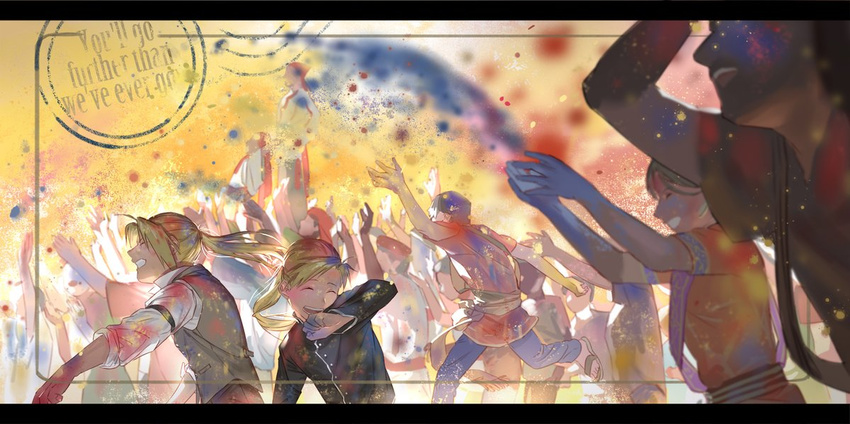 2boys alphonse_elric black_shirt blonde_hair brothers clenched_hand conqueror_of_shambala crowd edward_elric eyes_closed frame fullmetal_alchemist happy holy_pumpkin long_hair long_sleeves male_focus multiple_boys open_mouth outstretched_arms paint ponytail shirt siblings smile text waistcoat white_shirt