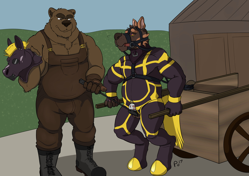 2017 absurd_res anthro bear bit_gag brown_fur canine cart chastity chastity_cage clothing digital_drawing_(artwork) digital_media_(artwork) domination duo fur gag gagged harness_bit_gag hi_res hypnosis male male/male mammal mask mind_control muscular muscular_male muzzle_(object) muzzled overalls penis petplay plaguedobsession ponyplay public riding_crop roleplay rubber shiny skinsuit slightly_chubby spiral spiral_eyes tight_clothing whip