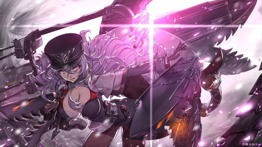 artist_name azur_lane black_gloves black_hat blush breasts cleavage eyebrows_visible_through_hair gloves graf_zeppelin_(azur_lane) grey_hair hat iron_cross large_breasts long_hair long_sleeves looking_at_viewer parted_lips purple_eyes smile solo tansan_daisuki