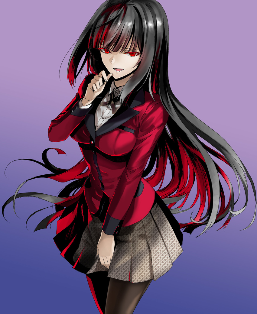 bangs black_hair black_legwear black_ribbon blue_background cowboy_shot dress_shirt eyebrows_visible_through_hair gradient gradient_background grey_skirt highres jabami_yumeko jacket kakegurui looking_at_viewer miniskirt multicolored_hair neck_ribbon open_mouth pantyhose pleated_skirt purple_background red_eyes red_hair red_jacket ribbon school_uniform shiny shiny_hair shirt skirt smile standing suprii two-tone_hair white_shirt