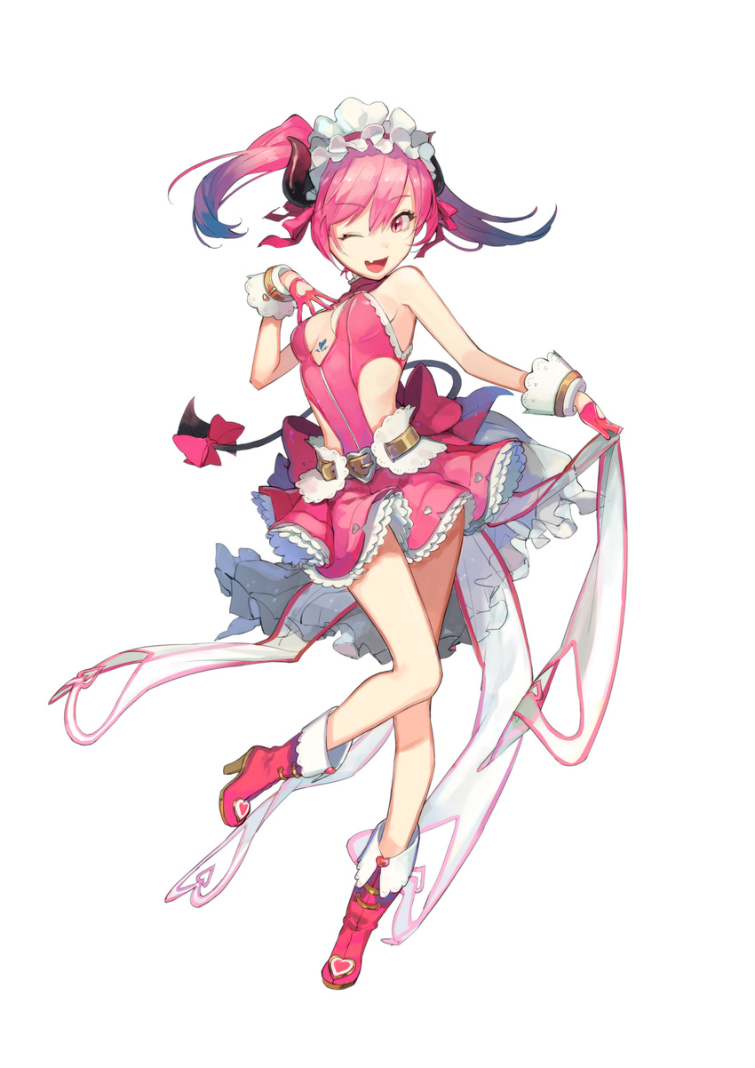 absurdres bare_shoulders belt boots bow breasts cleavage_cutout demon_girl demon_tail eyebrows_visible_through_hair fang frilled_skirt frills full_body gloves hair_bow highres horns iwato1712 leg_up looking_at_viewer maid_headdress one_eye_closed open_mouth original pink_bow pink_gloves pink_hair red_eyes side_cutout sideboob simple_background skirt sleeveless slit_pupils small_breasts solo tail twintails white_background wrist_cuffs