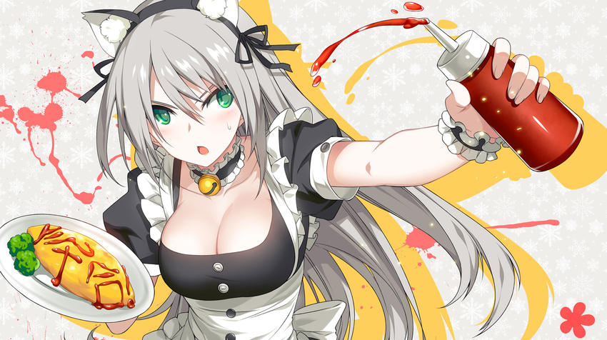 animal_ears bell breasts cat_ears character_request choker cleavage closers condiment dish fake_animal_ears food frills green_eyes grey_hair hairband highres jingle_bell ketchup large_breasts long_hair looking_at_viewer maid omurice open_mouth ress short_sleeves snowflake_background solo sweatdrop upper_body wrist_cuffs