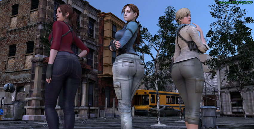 3d 3girls ass back back_view blonde_hair blue_eyes brown_hair claire_redfield crossed_arms female fingerless_gloves gloves hand_on_waist hips huge_ass jill_valentine legs long_hair looking_back multiple_girls ponytail red_hair resident_evil sherry_birkin short_hair the_majestic thick_thighs thighs tree wide_hips