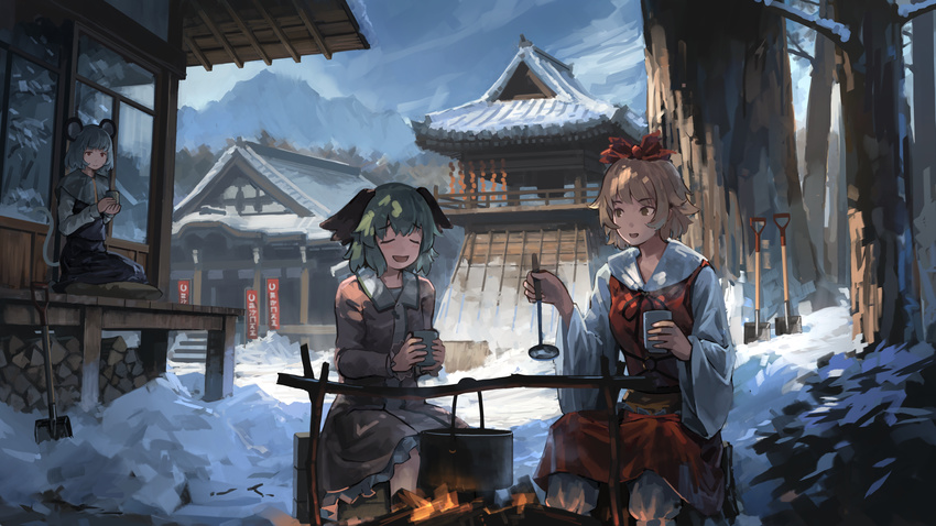 animal_ears black_dress blonde_hair blue_sky brown_dress building capelet closed_eyes cloud cloudy_sky commentary_request cup day dress eyebrows_visible_through_hair fire firewood forest green_hair grey_hair hair_ornament highres holding holding_cup kasodani_kyouko ladle long_sleeves looking_at_another mikado_(winters) mountain mouse_ears mouse_tail multiple_girls myouren_temple nature nazrin open_mouth outdoors petticoat pot red_dress red_eyes seiza short_hair shovel sitting sky smile snow tail toramaru_shou touhou tree wide_sleeves yellow_eyes